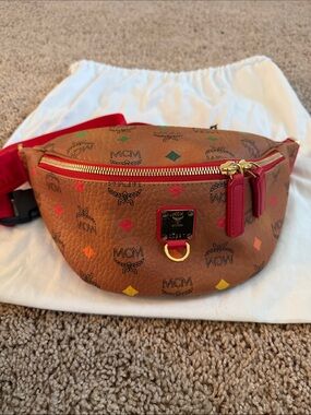 MCM Brown Visetos Leather Crossbody Belt Bag with Multicolor Diamonds